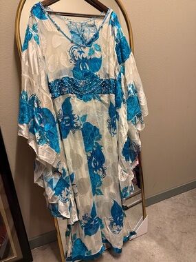 Flowy White Caftan Dress with Bright Turquoise Floral Print